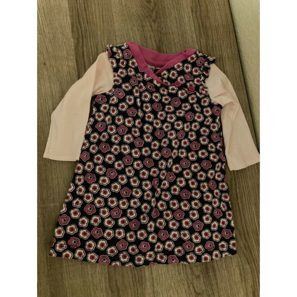 Tea Collection Dress 3-6 Months Floral Print Cotton Dark Blue Pink Long Sleeve